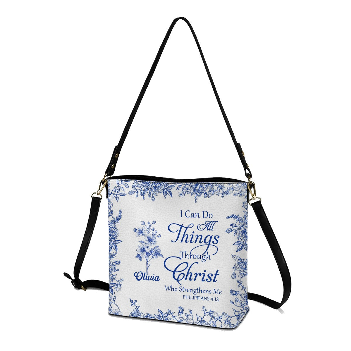 Personalized Christian Bucket Bag – Personalized Bible Verse & Birth Month Flowers – Christian Gift