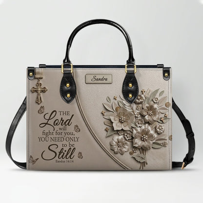 Personalized Bible Verse Leather Handbag, Custom Christian Tote Bag with Name & Exodus 14:14 - CHRISTIANARTBAG 01072626