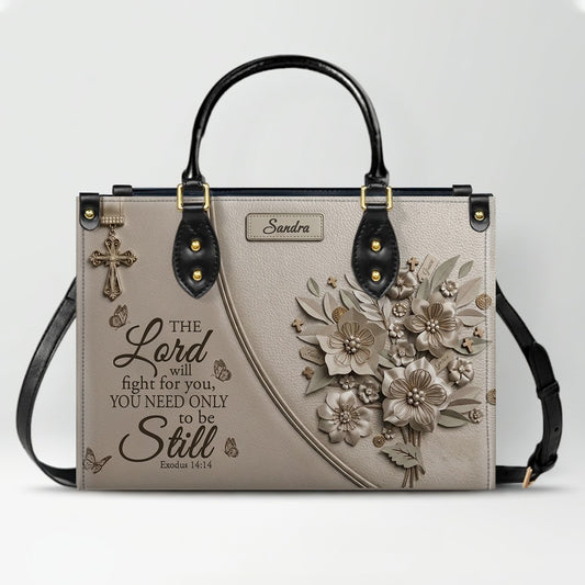 Personalized Bible Verse Leather Handbag, Custom Christian Tote Bag with Name & Exodus 14:14 - CHRISTIANARTBAG 01072626