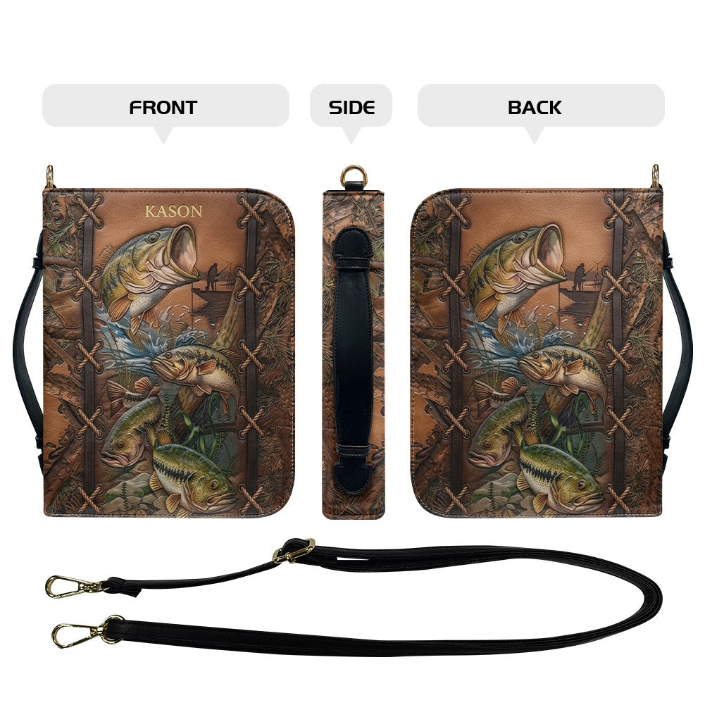 Personalized Leather Bible Cover with Fishing Bass Art, Custom Name Engraved Bible Bag - Forest Camo CAB02103126