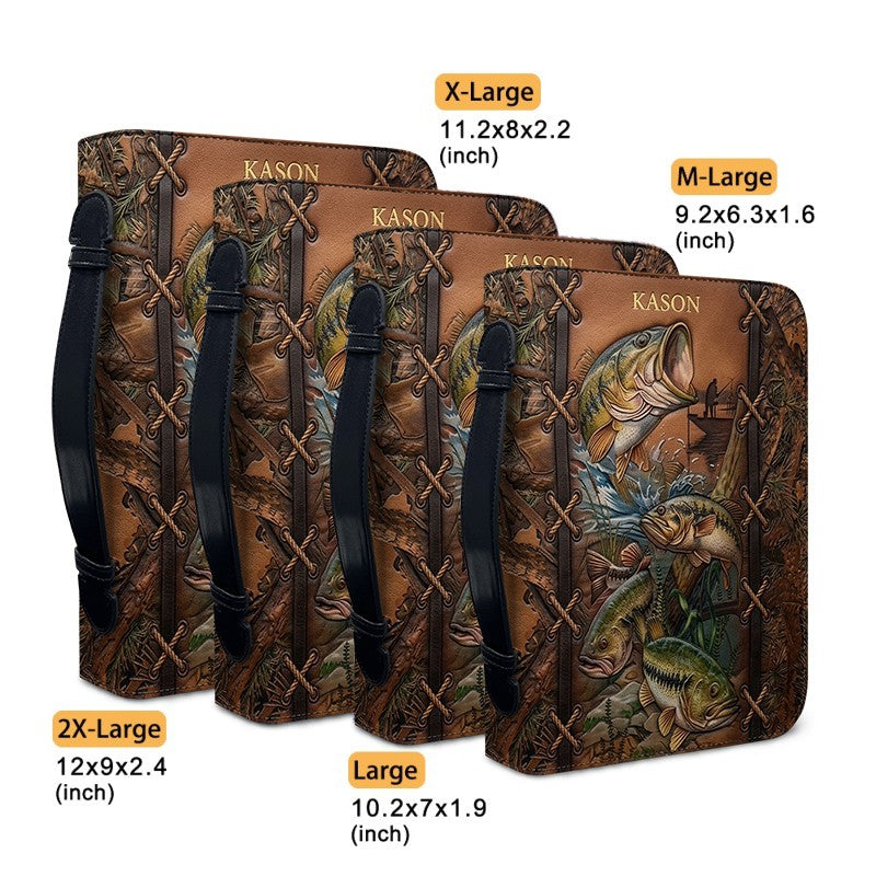 Personalized Leather Bible Cover with Fishing Bass Art, Custom Name Engraved Bible Bag - Forest Camo CAB02103126