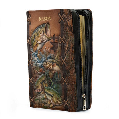 Personalized Leather Bible Cover with Fishing Bass Art, Custom Name Engraved Bible Bag - Forest Camo CAB02103126