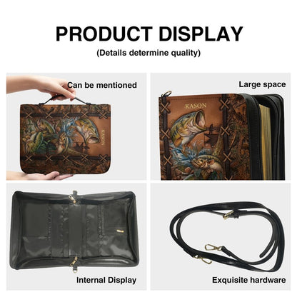 Personalized Leather Bible Cover with Fishing Bass Art, Custom Name Engraved Bible Bag - Forest Camo CAB02103126