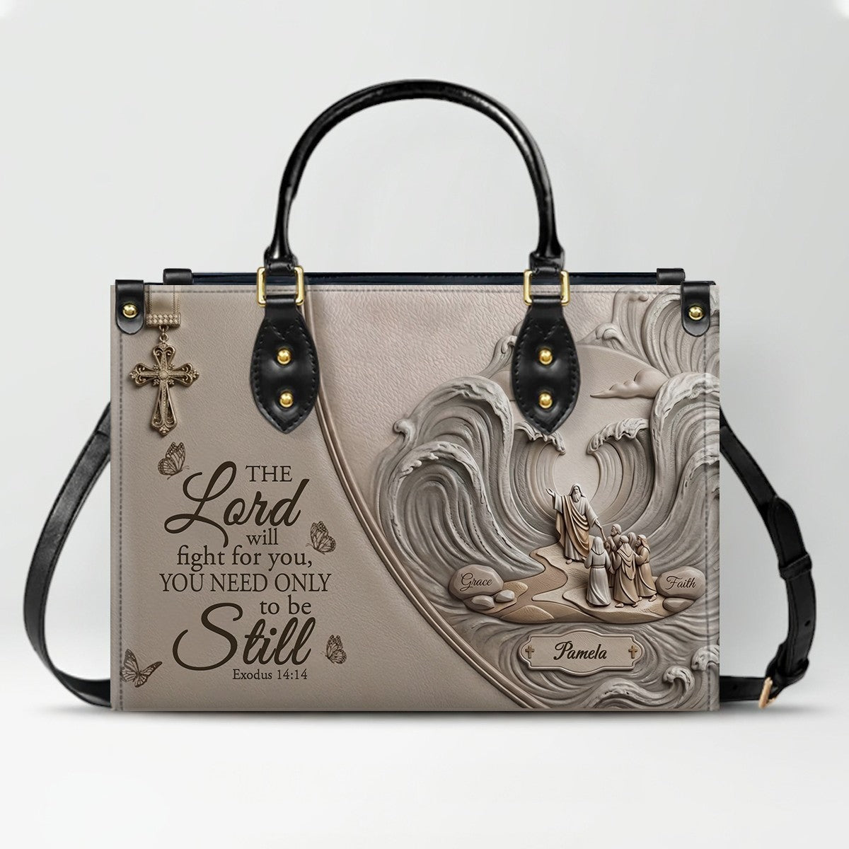 Personalized Bible Verse Leather Handbag, Custom Christian Tote Bag with Name & Exodus 14:14 - CHRISTIANARTBAG 01072626