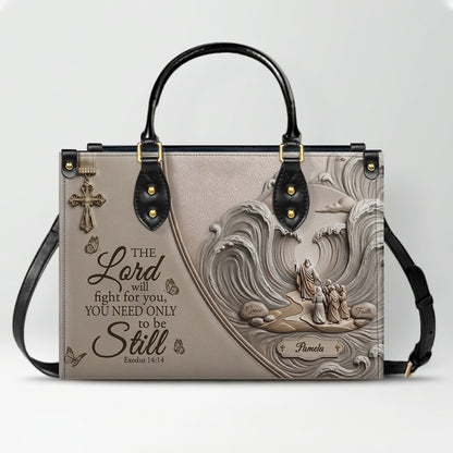 Personalized Bible Verse Leather Handbag, Custom Christian Tote Bag with Name & Exodus 14:14 - CHRISTIANARTBAG 01072626