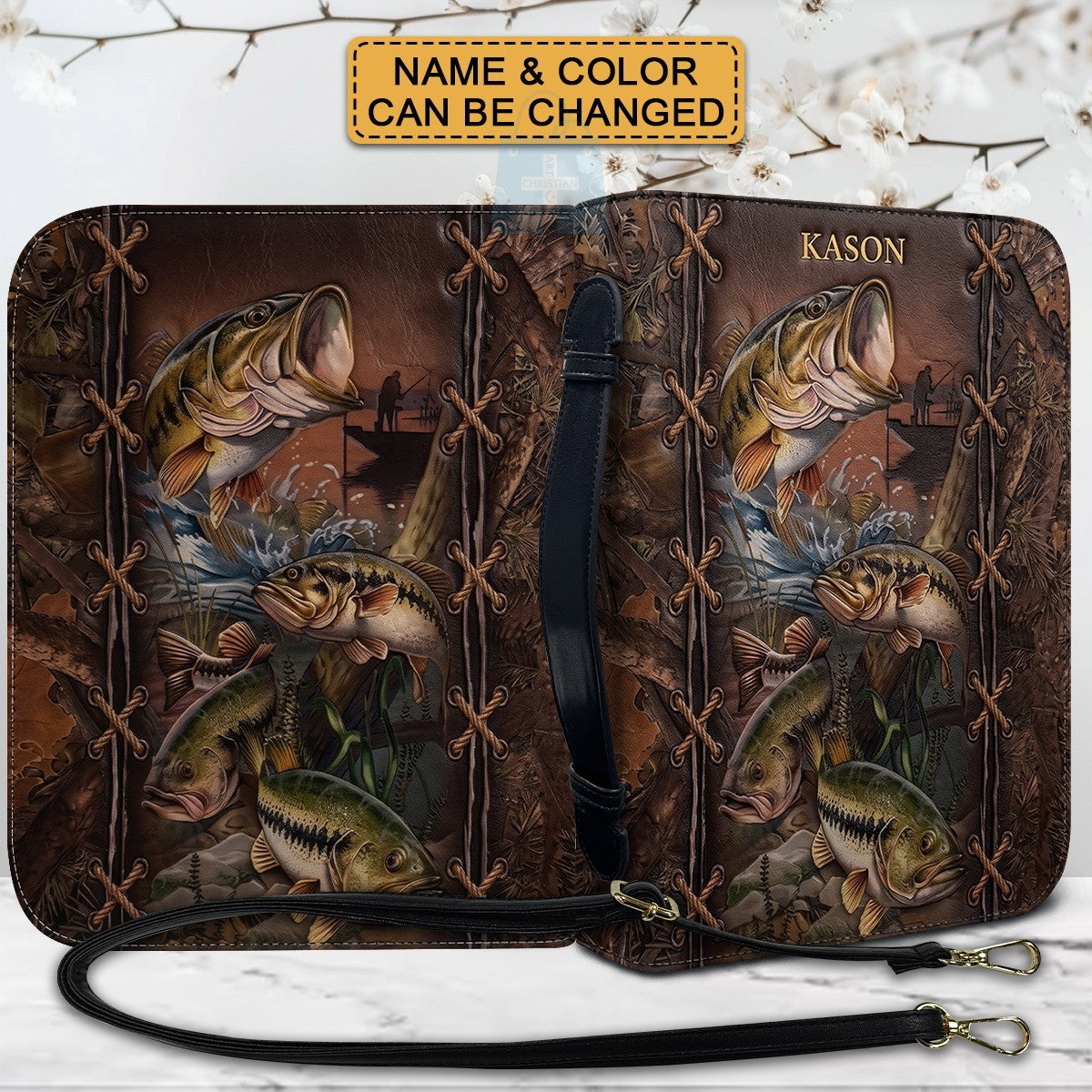 Personalized Leather Bible Cover with Fishing Bass Art, Custom Name Engraved Bible Bag - Forest Camo CAB02103126