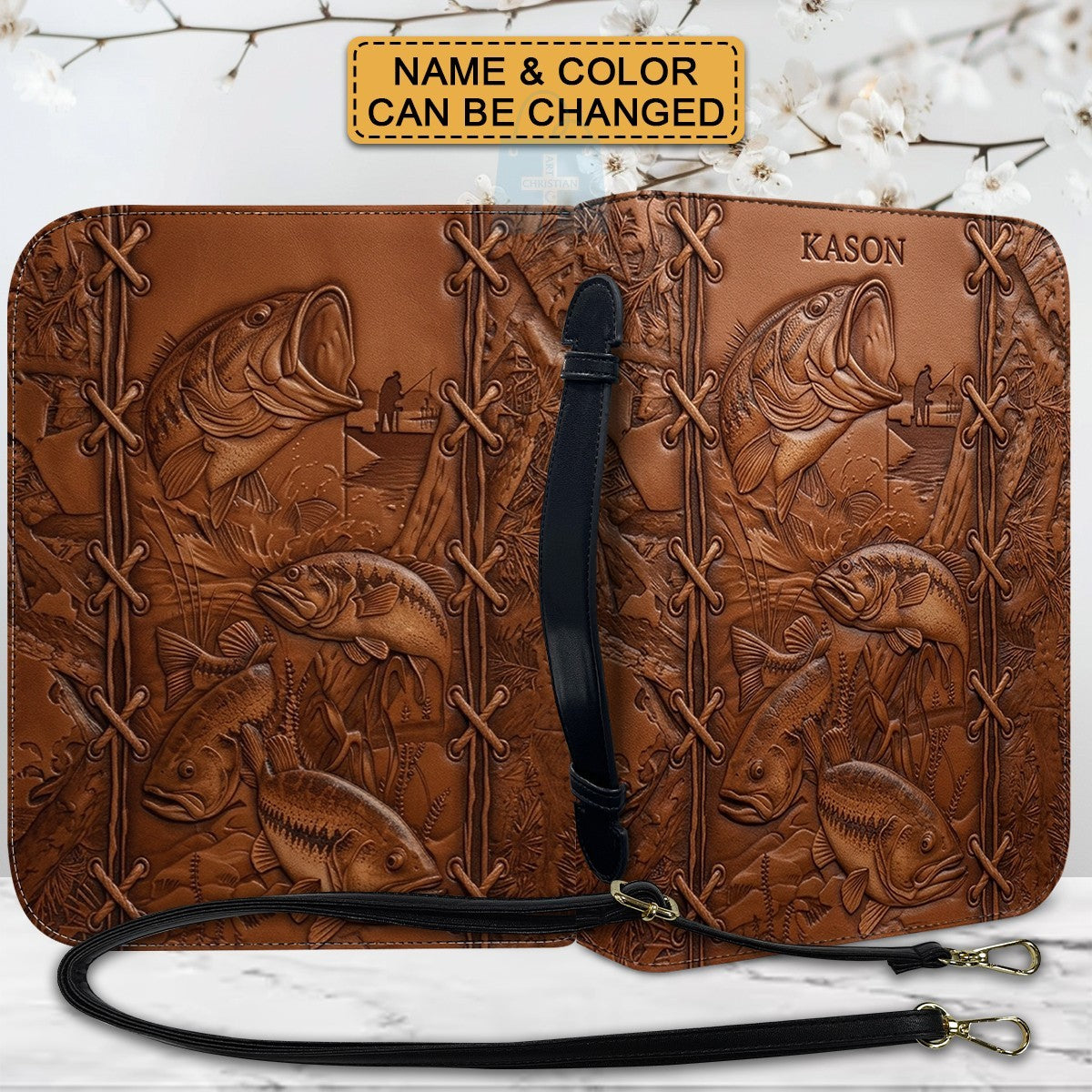 Personalized Leather Bible Cover with Fishing Bass Art, Custom Name Engraved Bible Bag - Forest Camo CAB02103126