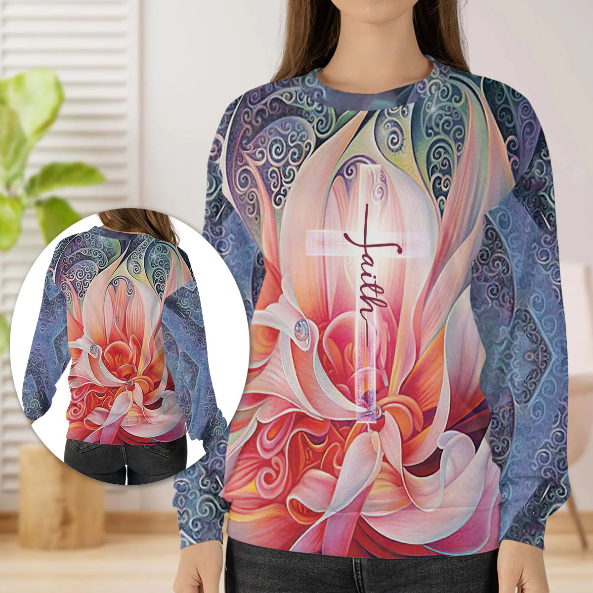 Christianartbag 3D Sweater, Faith Flower And Cross, Unisex Sweater, Christmas Gift. - Christian Art Bag