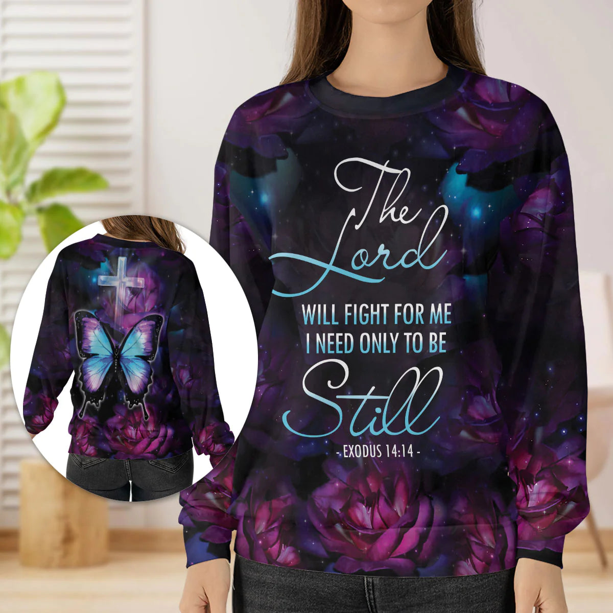 Christianartbag 3D Sweater, I Need Only To Be Still Exodus 14:14, Butterfly & Cross, Unisex Sweater, Christmas Gift. - Christian Art Bag