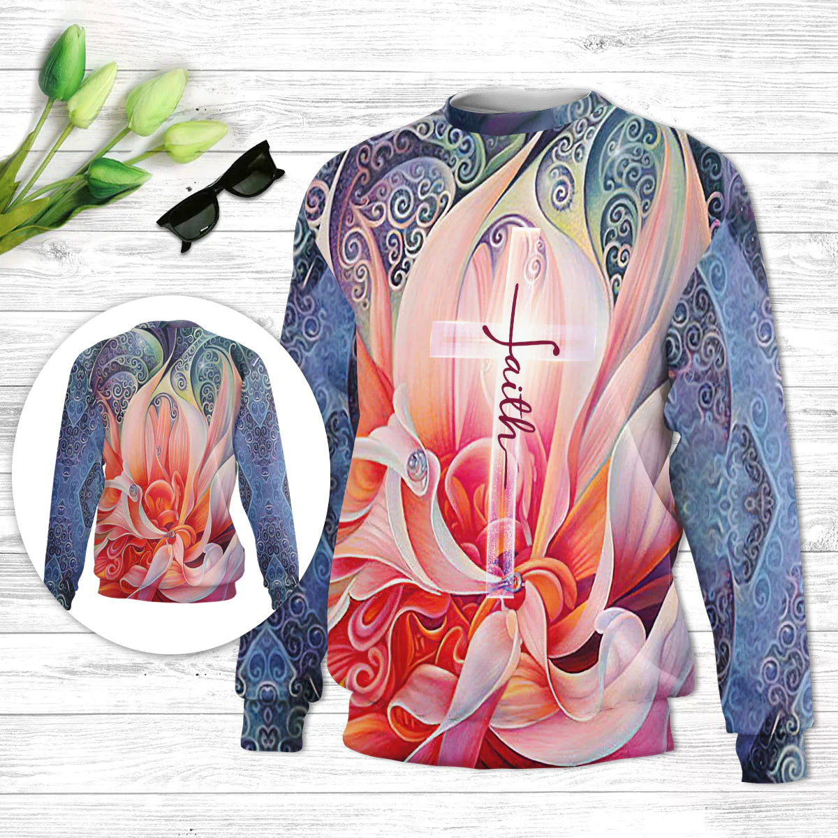 Christianartbag 3D Sweater, Faith Flower And Cross, Unisex Sweater, Christmas Gift. - Christian Art Bag