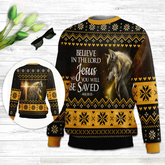 Christianartbag 3D Sweater, Believe In The Lord Jesus Wolf & Cross, Unisex Sweater, Christmas Gift. - Christian Art Bag