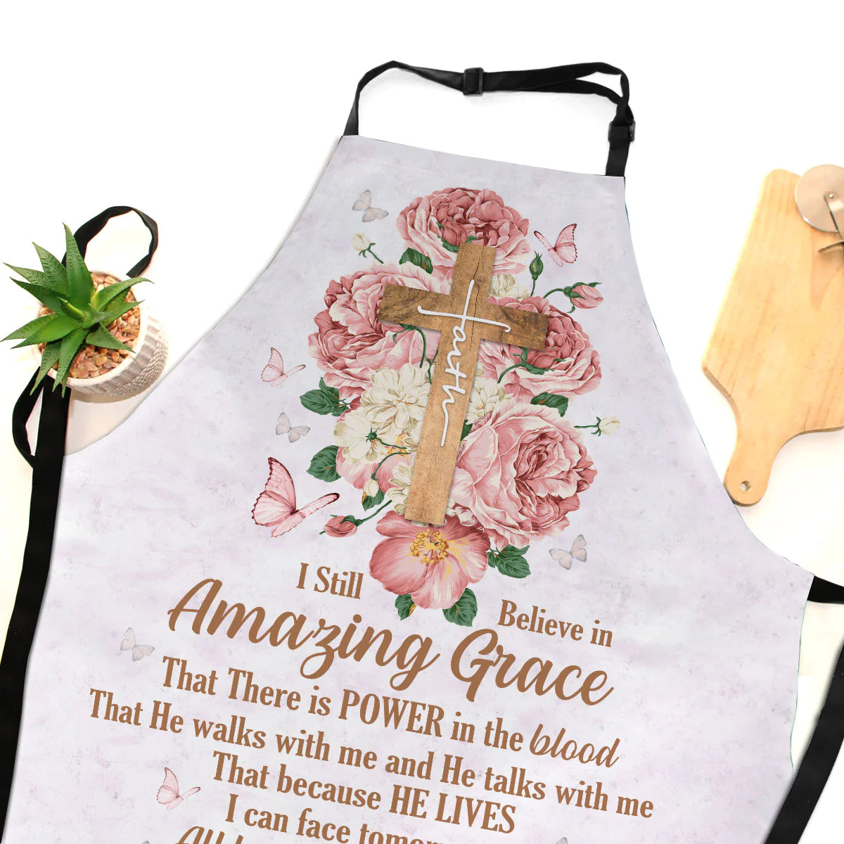 Christianartbag Apron, I Still Believe In Amazing Grace, Flower And Cross, Apron for Women, Gift For Women, Christmas Gift, - Christian Art Bag
