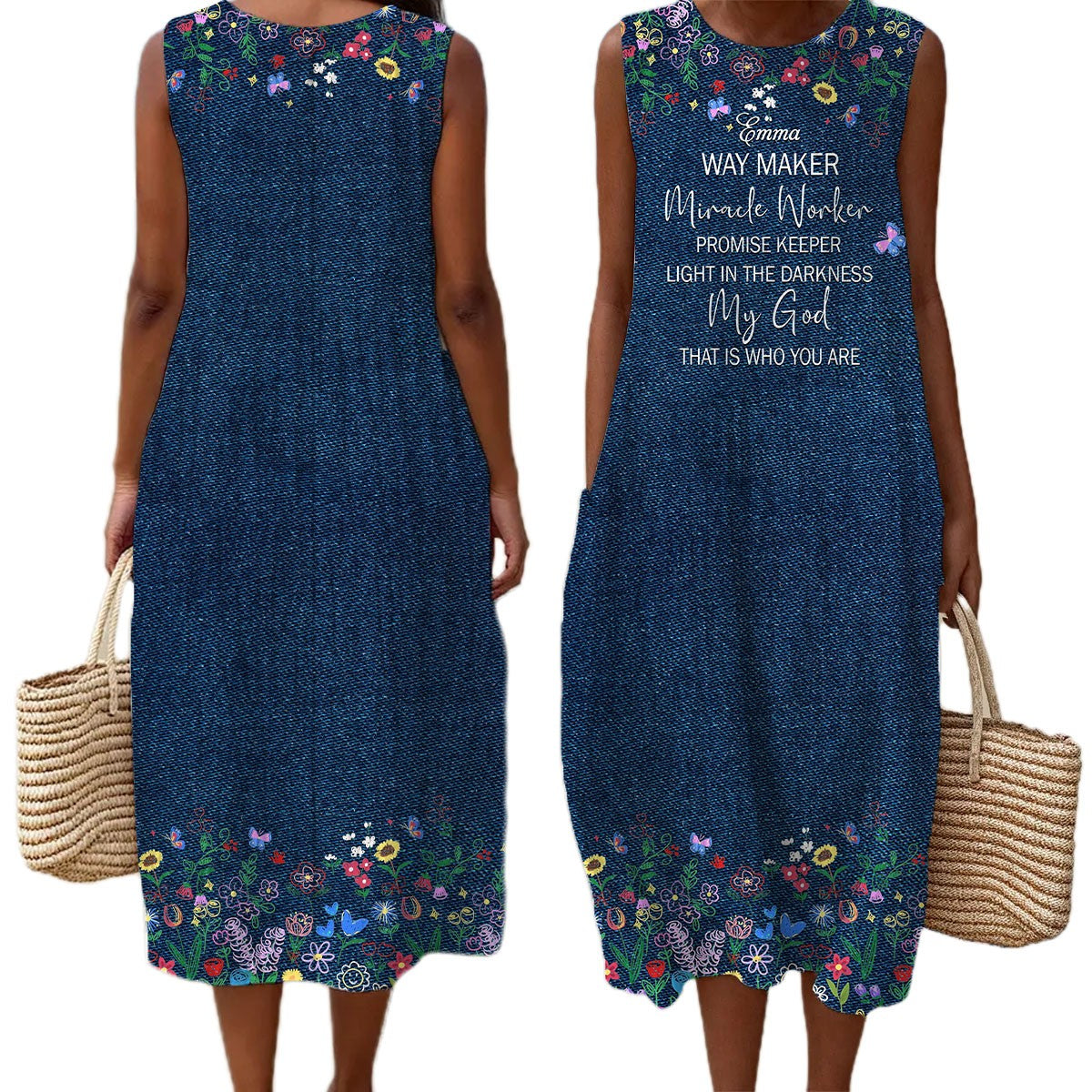 Christian Faith Dress for Women – “God Says I Am” Denim Print Maxi Dress with Bible Verses | Inspirational Religious Summer Dress
