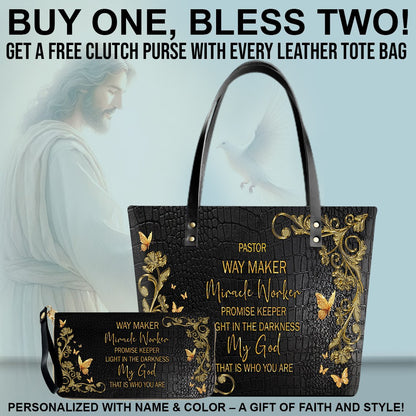 She Who Kneels Before GOD - Custom Bible Verses Name & Color - Personalized Christian Leather Tote – Free Clutch Purse Gift | CHRISTIANARTBAG