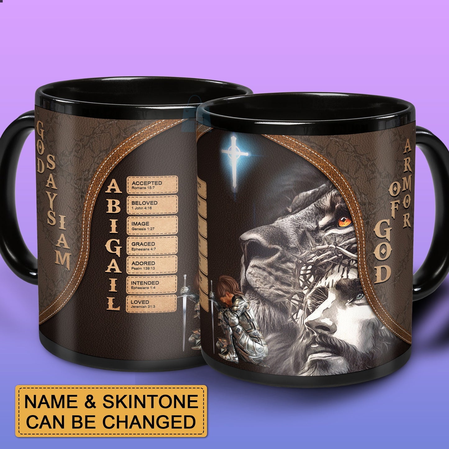 Personalized Christian Mug or Tumbler – Custom Name with Bible Verses | Changeable Skin Tone | Armor of God Gift