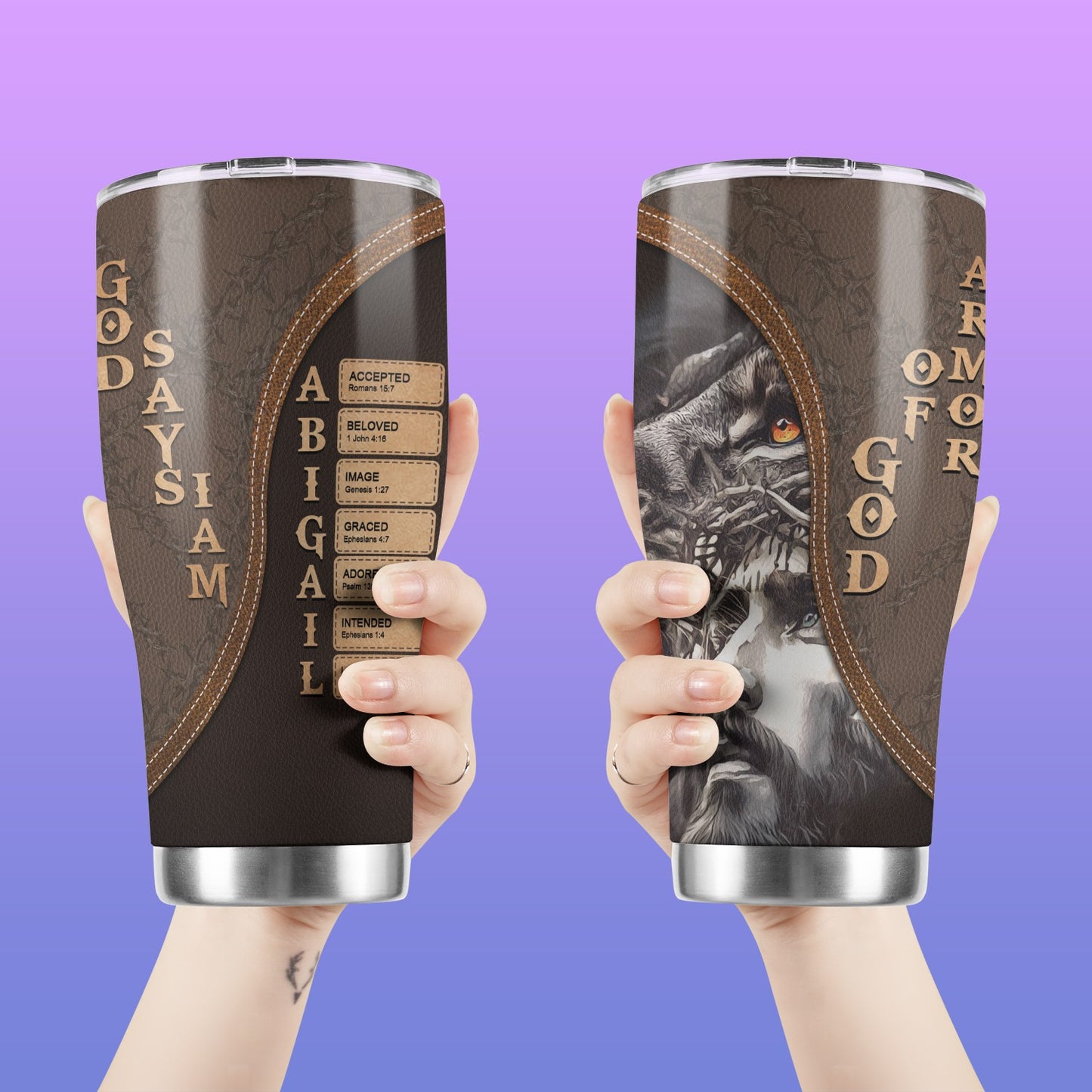 Personalized Christian Mug or Tumbler – Custom Name with Bible Verses | Changeable Skin Tone | Armor of God Gift