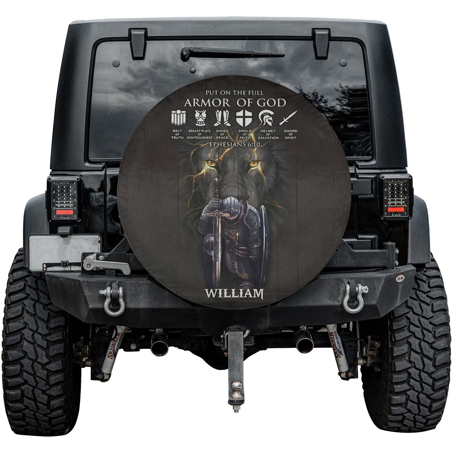 Armor Of God Spare Tire Cover - Knight of Faith Custom Spare Tire Cover by CHRISTIANARTBAG - Personalize with Name & Choose Skin Tone - CABTC0213024. - Christian Art Bag