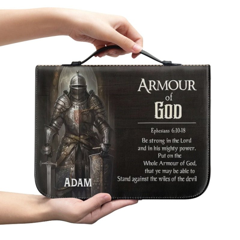 "Armour of God" Knight and Lion of Judah Leather Bible Cover with Personalization - CHRISTIANARTBAG CABBBCV02030324. - Christian Art Bag