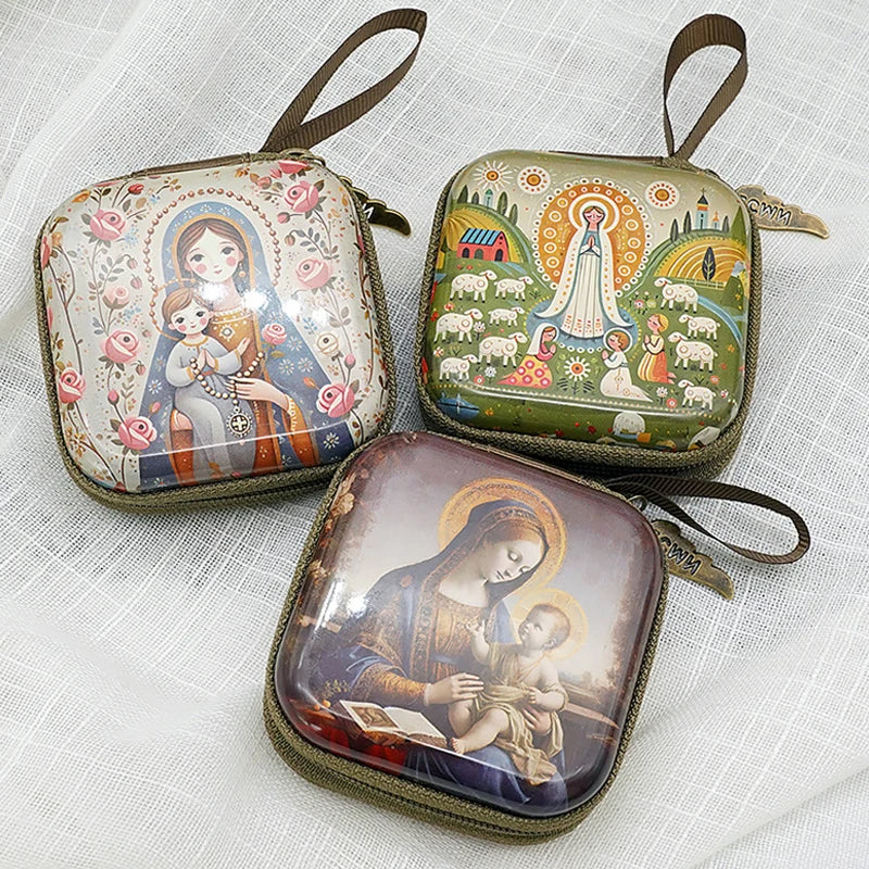 Virgin Mary & Jesus Rosary Bag – Catholic Religious Jewelry Storage Pouch