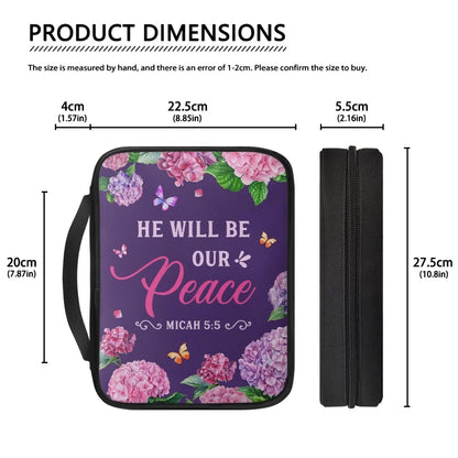 Floral 'He Will Be Our Peace' Canvas Bible Cover – Customizable with Your Name | CHRISTIANARTBAG