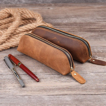 Vintage Handcrafted Leather Pencil Case - Elegant Stationery Organizer with Zipper for School & Office Supplies - CHRISTIANARTBAG Leather