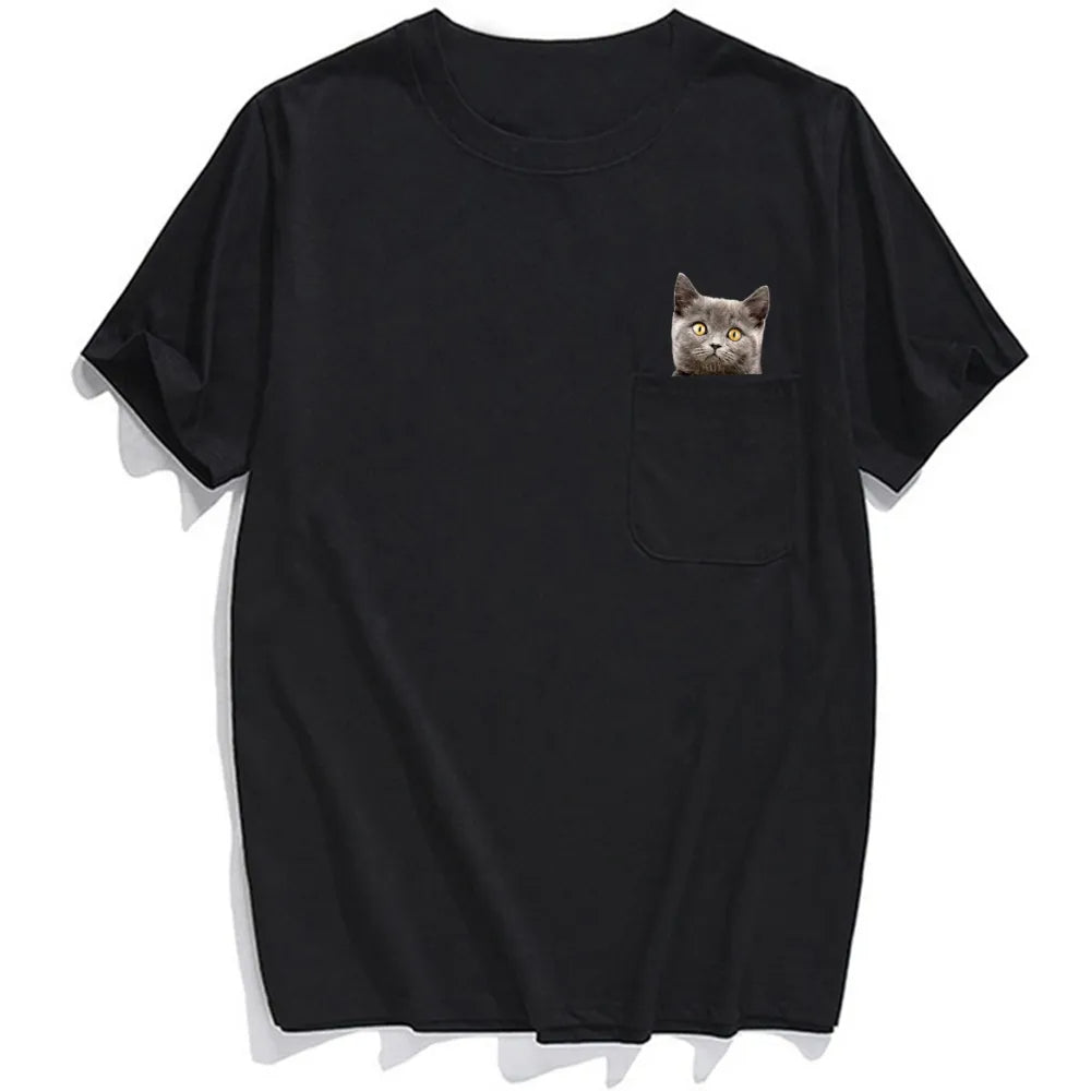 Christian T-Shirt, Animal T-Shirt Fashion Brand Summer Pocket Cat Stickers Printed T-shirt Men's Women Shirts Hip Hop Tops Funny Cotton Tees, Cat T-Shirt, CAB01022324.