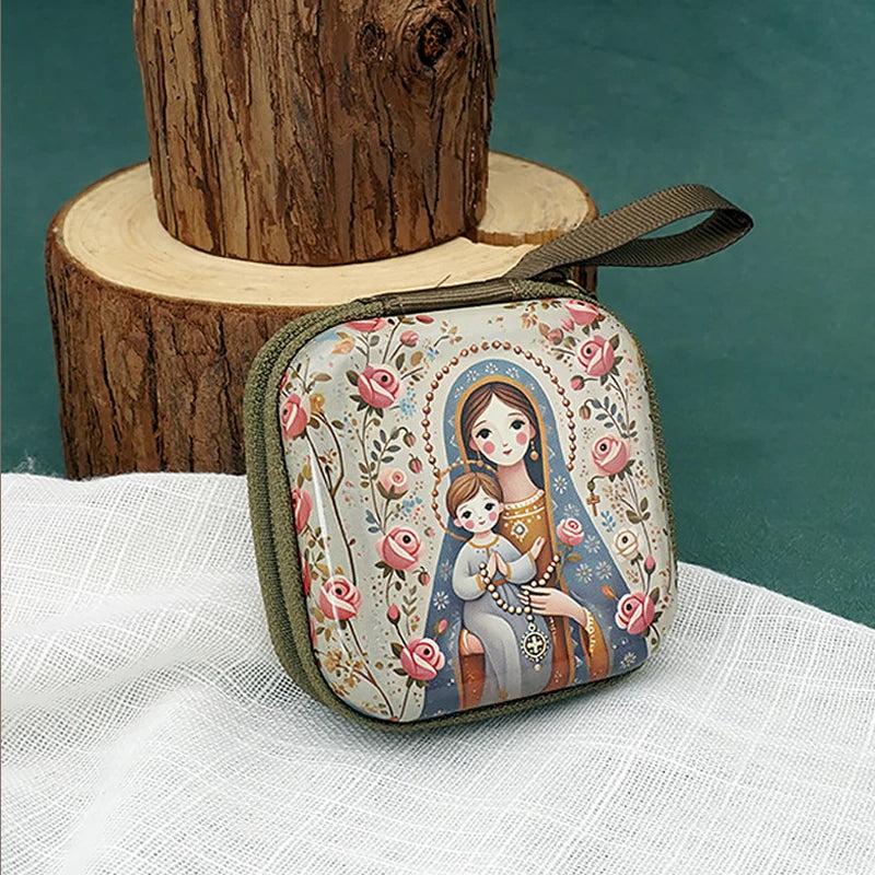 Virgin Mary & Jesus Rosary Bag – Catholic Religious Jewelry Storage Pouch