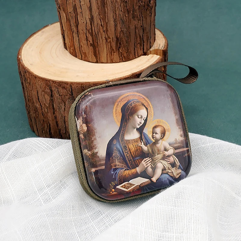 Virgin Mary & Jesus Rosary Bag – Catholic Religious Jewelry Storage Pouch