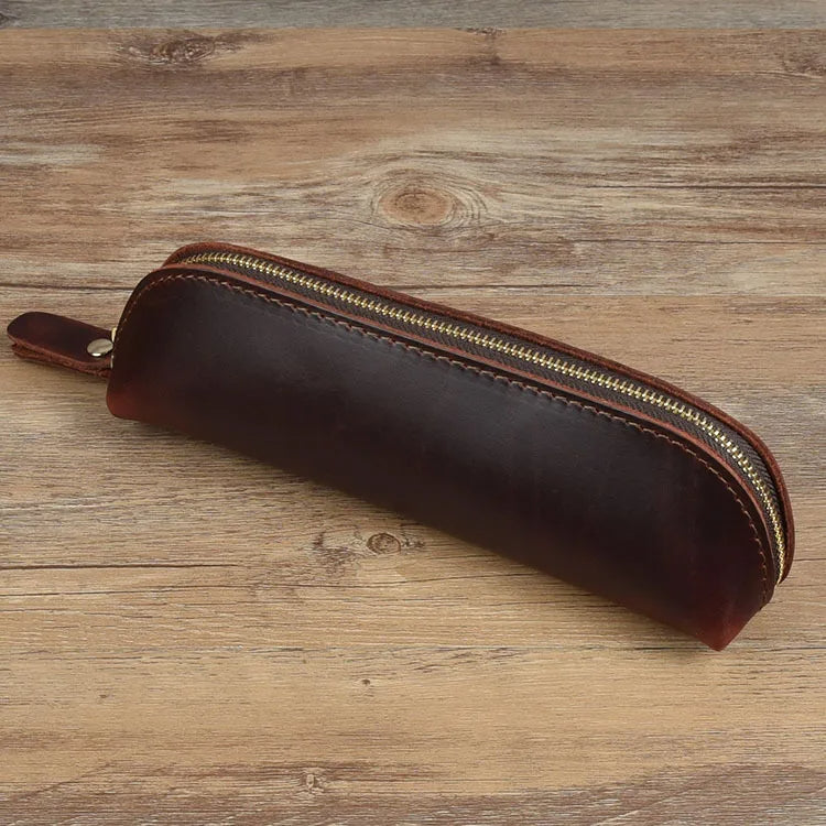 Vintage Handcrafted Leather Pencil Case - Elegant Stationery Organizer with Zipper for School & Office Supplies - CHRISTIANARTBAG Leather