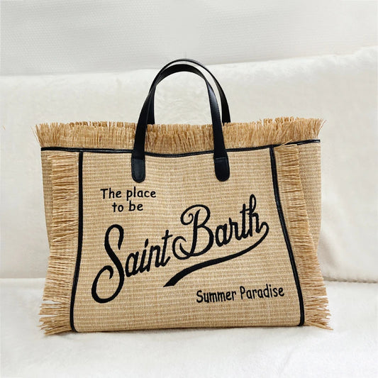 CHRISTIANARTBAG: High-Quality Saint Barth Women's Tassel Tote Bag - Trendy Embroidered Straw Beach Handbag - CAB08250524.