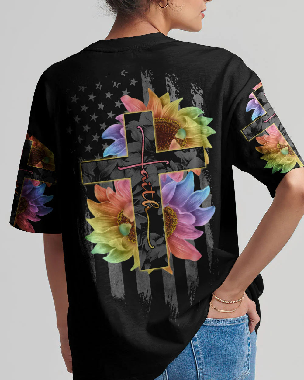 Christianartbag 3D T-Shirt For Women, Faith Rainbow Sunflower Cross Flag, Christian Shirt, Faithful Fashion, 3D Printed Shirts for Christian Women - Christian Art Bag