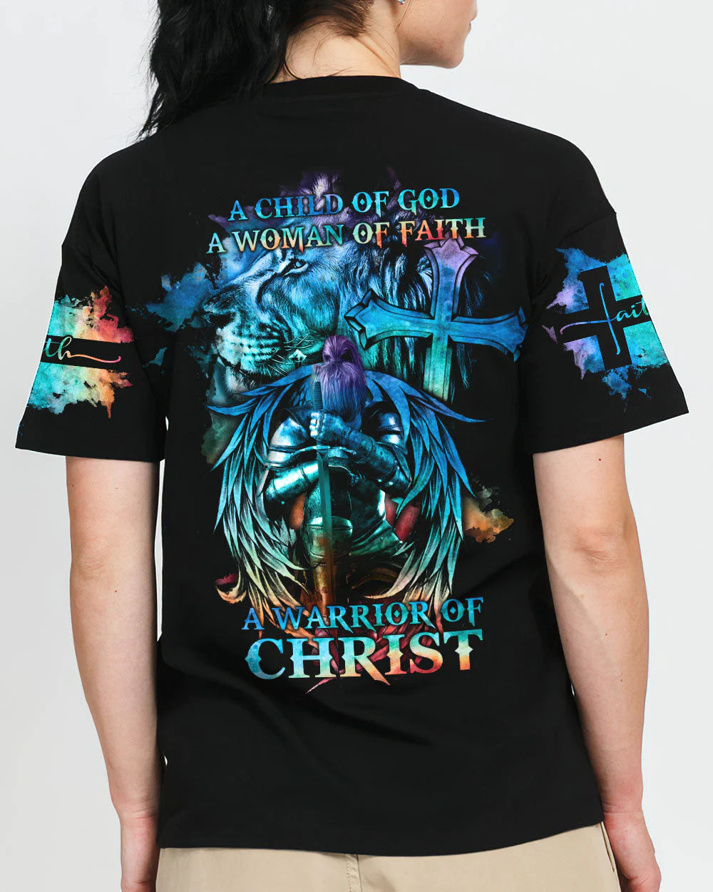 Christianartbag 3D T-Shirt For Women, A Child Of God A Woman Of Faith Lion Warrior, Christian Shirt, Faithful Fashion, 3D Printed Shirts for Christian Women - Christian Art Bag