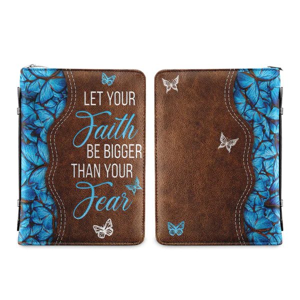 "Faith Over Fear" Embossed Leather Bible Cover with Blue Butterfly Motif - CHRISTIANARTBAG - Christian Art Bag