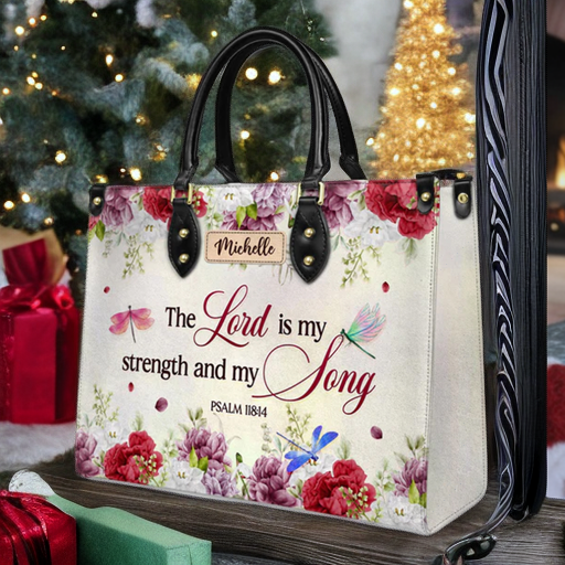 Christianart Designer Handbags, The Lord Is My Strength And My Song Psalm 118:14 Dragonfly Flower, Personalized Gifts, Gifts for Women, Christmas Gift. - Christian Art Bag