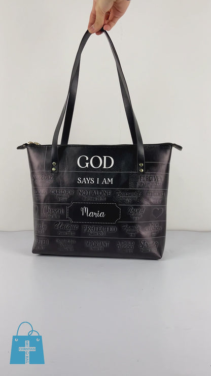 Personalized Leather Tote Bag with Bible Verses – GOD Says I Am – Custom Faith-Inspired Handbag | CHRISTIANARTBAG Leather TOTE Bag
