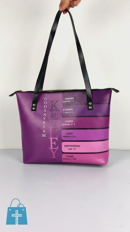 Personalized Leather Tote Bag with Bible Verses – Uncover the sacred meaning of your name – Custom Faith-Inspired Handbag | CHRISTIANARTBAG Leather TOTE Bag