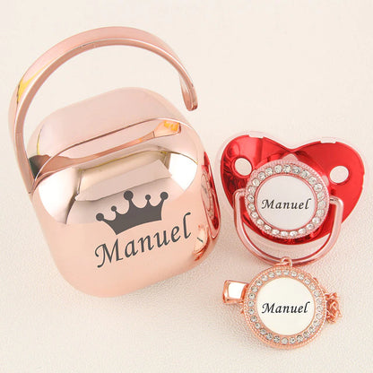 Luxury Personalized Any Name Rose Gold Bling Baby Pacifier And Clips Pacifier Box Set BPA Free Dummy Soother Unique Shower Gift - Christian Art Bag