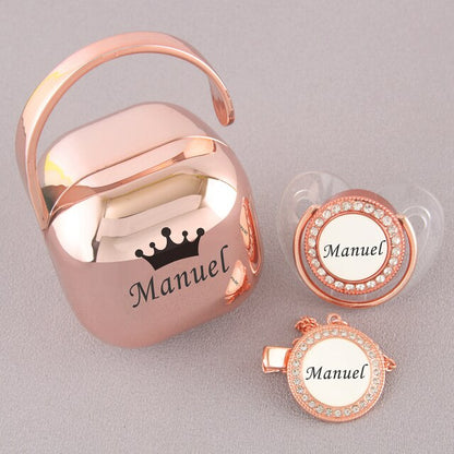 Luxury Personalized Any Name Rose Gold Bling Baby Pacifier And Clips Pacifier Box Set BPA Free Dummy Soother Unique Shower Gift - Christian Art Bag