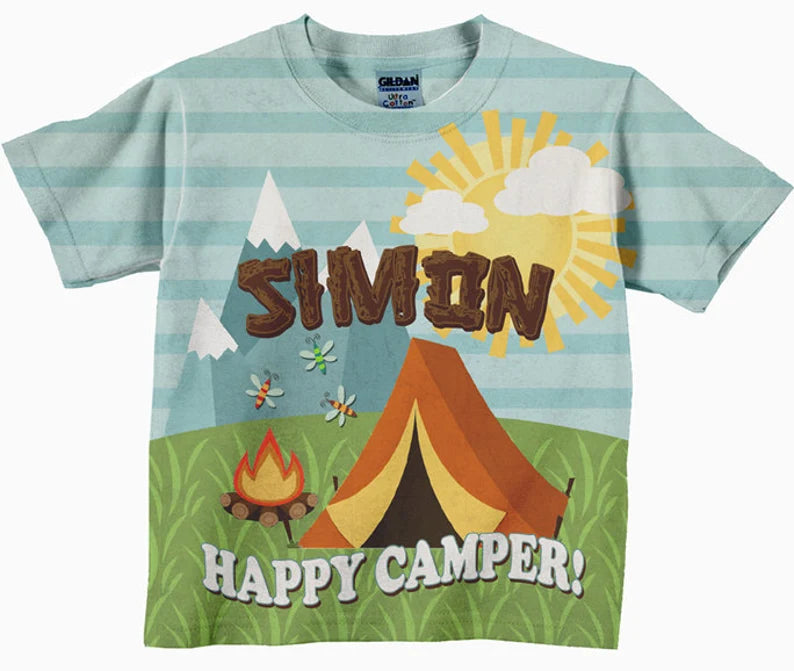 HPSP Shirt, Custom Birthday Shirt, Personalized Happy Camper Shirt, Child's Camping T-Shirt, Boys Camp Shirt, Girl's Happy Camper Tee - Christian Art Bag